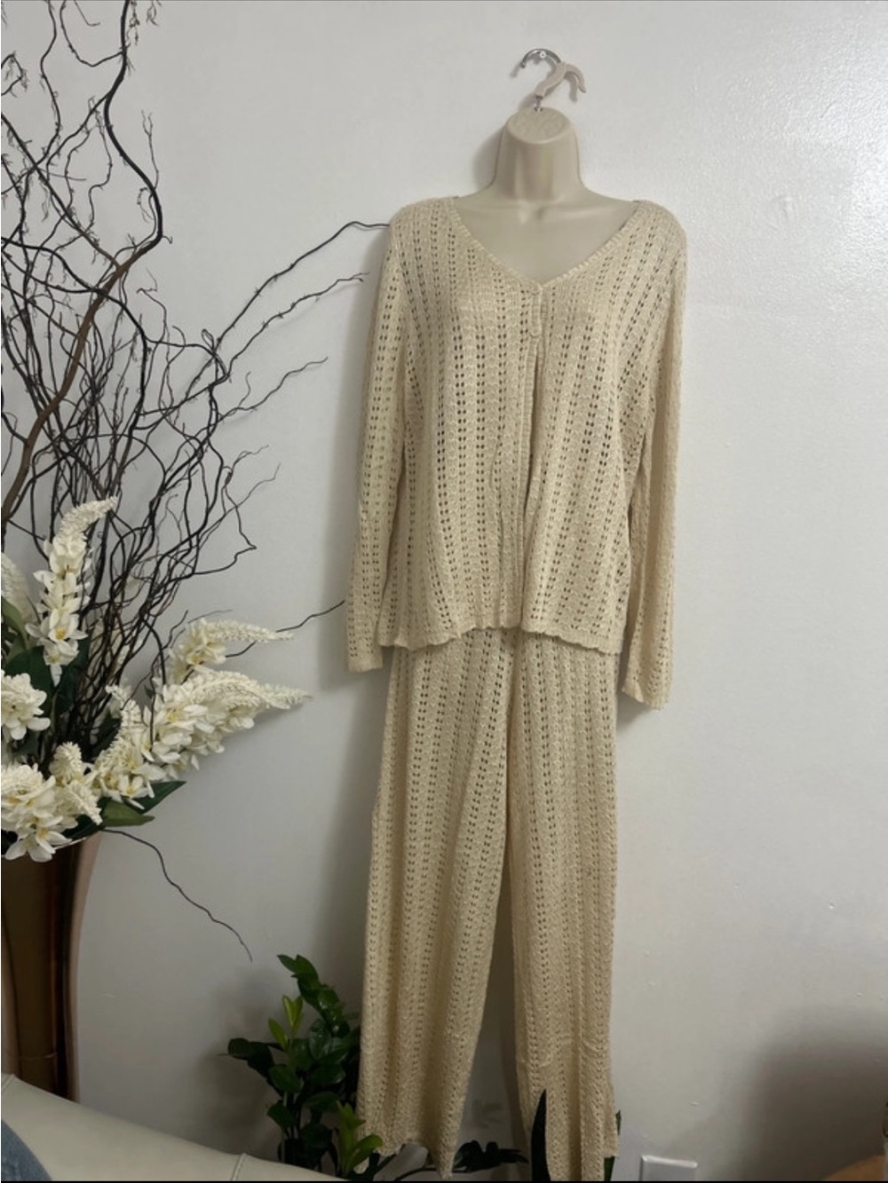 Lightweight Crochet Lounge Pajama Set - Cream